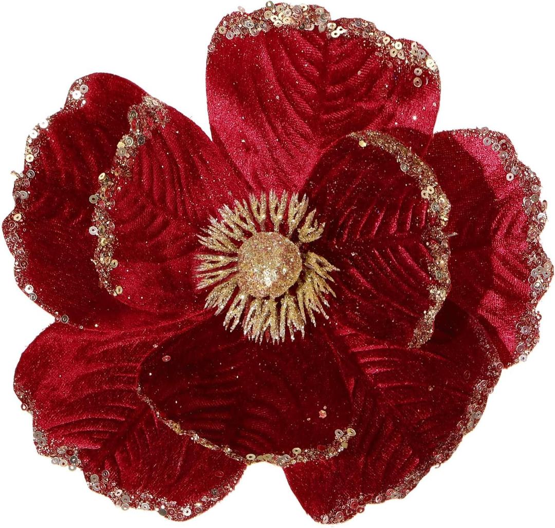 6 Pcs Large Glitter Christmas Flowers 8.3 Artificial Magnolia Flower Velvet Fold Christmas Tree Flower Decorations Xmas Tree New Year Party Wedding Ornaments (Wine Red)