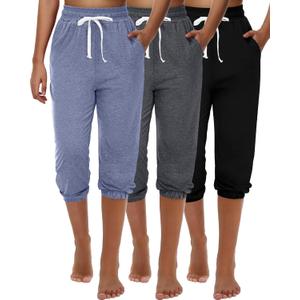 Ficerd 3 Pcs Women's Capri Sweatpants Joggers Summer Casual Sports Cropped Lounge Pants High Waisted Athletic with Pockets (X-Large, Black, Dark Grey, Light Blue)
