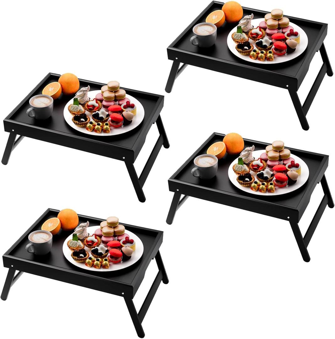 4 Pack Bamboo Bed Tray Table with Folding Legs,Breakfast Trays,Serving Tray,Laptop Trays for Working,Food Snack Tray for Bed and Sofa(Black)