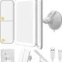 Trifold LED Vanity Mirror with Lights, Bathroom Shower Mirror with Powerful Suction Mount, Rechargeable Makeup Mirror with 2X/3X Magnification, 3 Color Lights & Brightness Adjustable