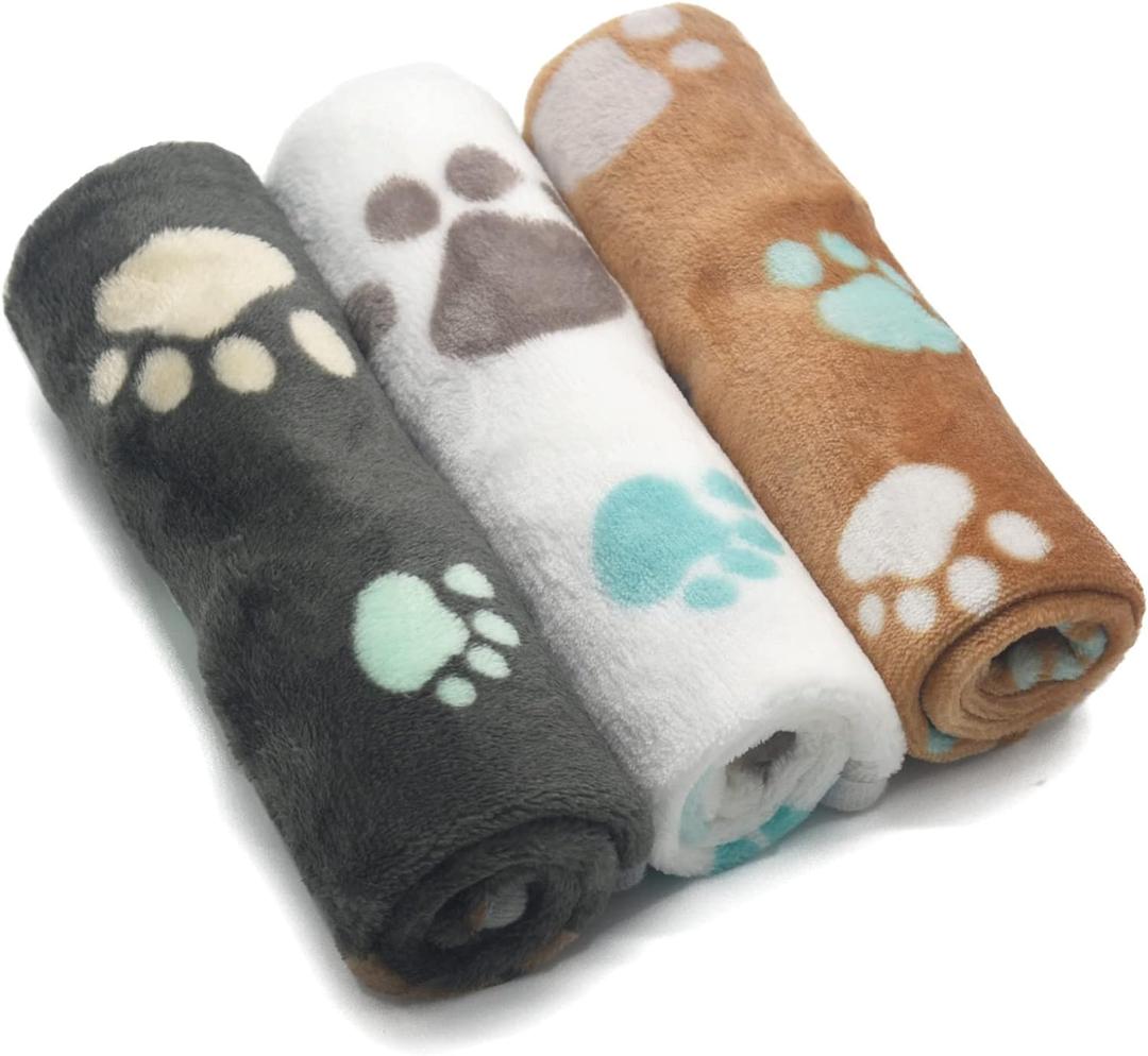 1 Pack 3 Puppy Blankets Super Soft Warm Sleep Mat Cute PAW Print Blanket Fleece Pet Blanket Flannel Throw Dog Blankets for Small Dogs Puppy Cats,Gray/White/Brown-Medium(29"x20") (Medium(29"x20"), Gray/Brown/White Paw(pack of 3))