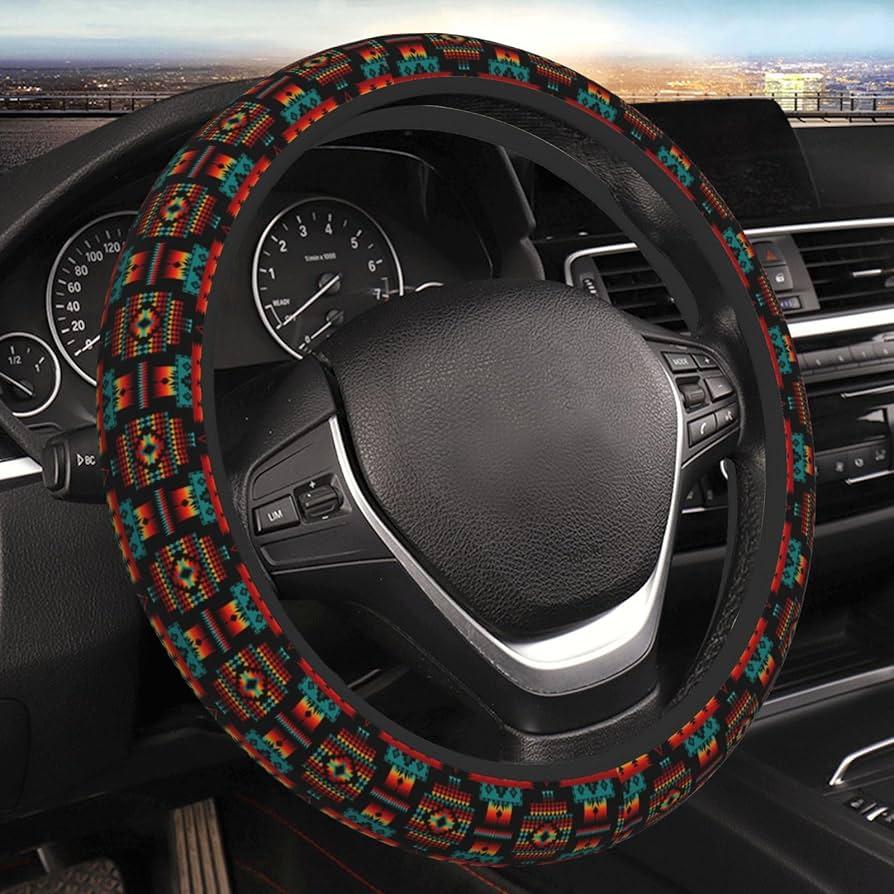 Native American Steering Wheel Cover, Red Auto Steering Wheel Protector Universal Car Accessories Neoprene Interior Decor Protection 15 Inch Fit US SUV Trucks Summer for Women Men Pack of 2