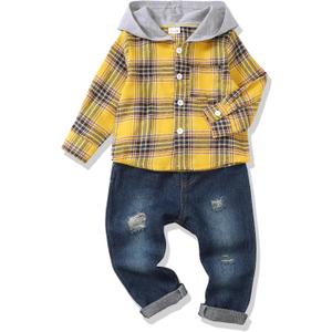XUANHAO Toddler Boy Clothes Infant Baby Boy Outfits 12 18 24 Months 2T 3T 4T 5T Hoodie Jeans Pants Set Fall Winter Clothing (Yellow Plaid)