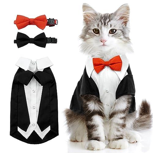 DENTRUN Tuxedo Suit with Two Bow Tie, Stylish Cat Shirt Formal Outfit, Hairless Cat Fashion Apparel Fancy Clothes, Kitten Formal Attire Wedding Onesie Costume, S