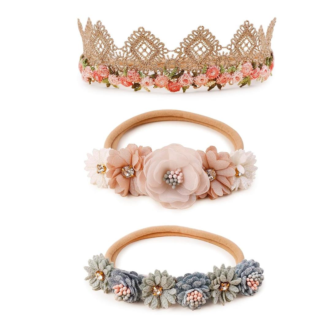 Baby Girl Floral Headband Nylon Flower Crown Elastic Hairband 3pcs Hair Accessories Gift for Girls (9572)