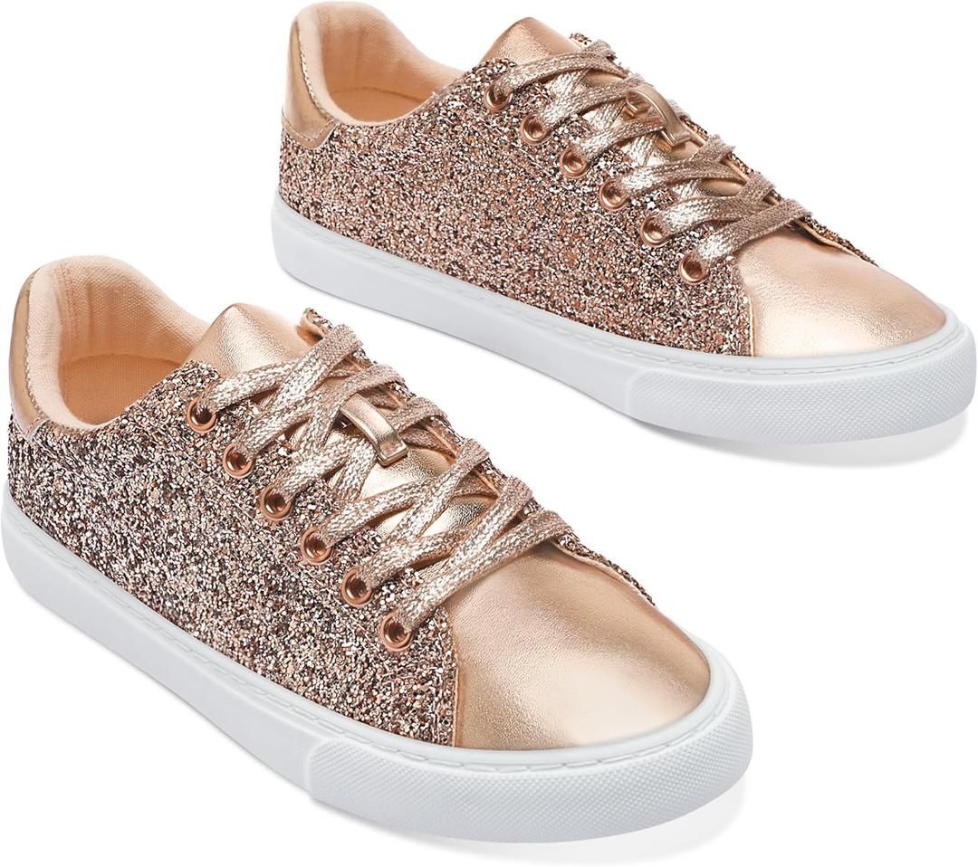 AISFAES Glitter Sparkly Low Top Sequins Lace Up Tennis Shoes Comfort Bling Fashion Shiny Walking Shoes (11 Women/9 Men, Rose Gold)