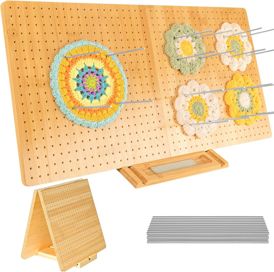 Foldable Crochet Blocking Board with 30 Pegs - 22.8" x 11.5" Large Bamboo Handcrafted Granny Square Blocking Board, Stand with Pegs Storage, 800 Holes for Precise Projects, Durable and Easy Storage (22.8" x 11.5")