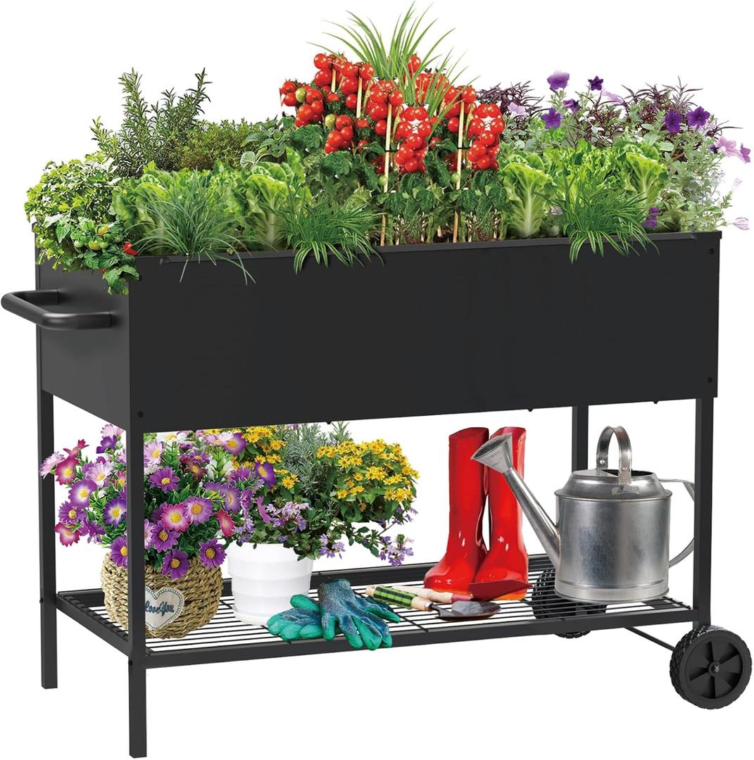 JWPEHOE 34 × 15 × 31 Inches Raised Garden Bed with Legs/Storage Shelf, Mobile Planter Box for Outdoor Plants, Elevated Garden Bed for Backyard, Balcony, Black