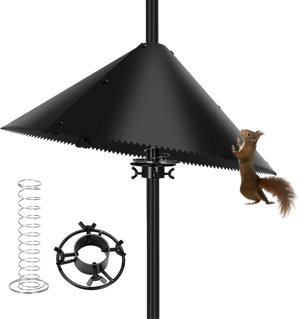 Squirrel Baffle for Bird Feeder Pole, Squirrel Guard with Mounting Bracket, Spring-Supported and Spiked Edge, for 1x1 Post, 19-Inch, Black