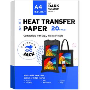 Printers Jack Iron-On Heat Transfer Paper for Dark Fabric 20 Sheet 8.3x11.7" T-Shirt Transfer Paper for Inkjet Printer Wash Durable, Long Lasting Transfer, No Cracking