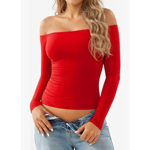 MANGOPOP Off The Shoulder Tops for Women Sexy Long Sleeve T Shirt Slim Fitted Tee Casual Blouse Going Out Tops, L