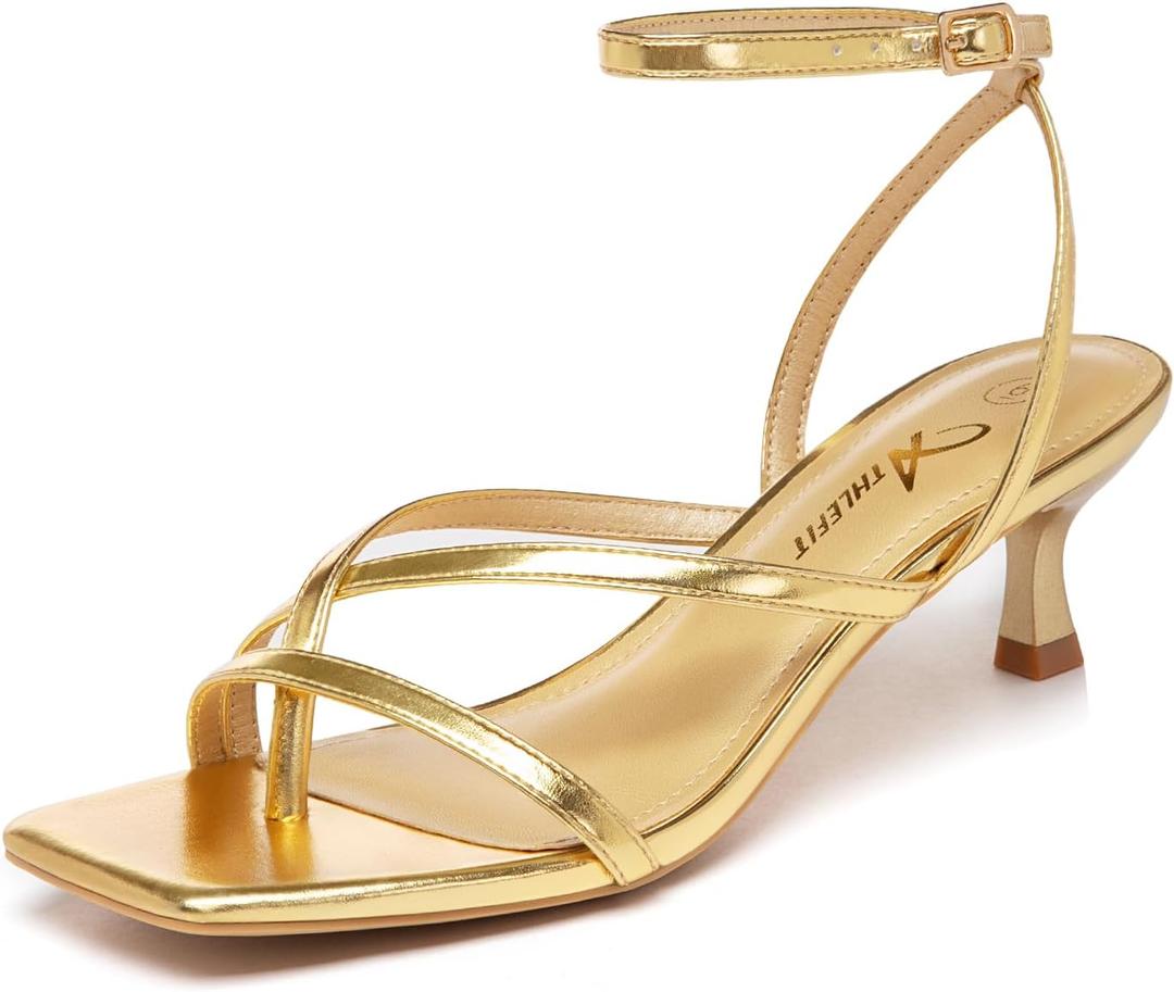 Athlefit Women's Strappy Kitten Heels Square Toe Flip Flops Low Heels Ankle Strap Party Dress Thong Heeled Sandals (10, Gold)