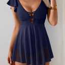 Women's One Piece Ruffle Swimsuit Sexy Mesh One Piece Swim Dress Tummy Control V Neck Swimwear (Blue)