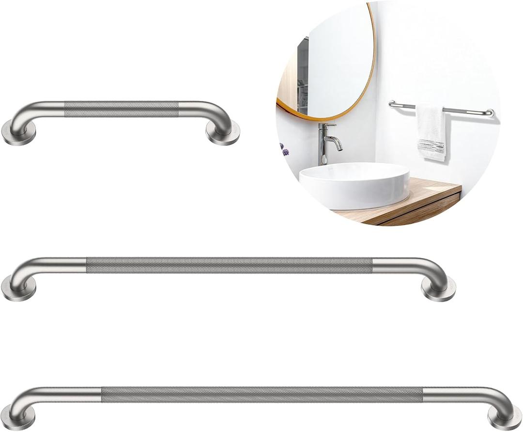 3 Pack Commercial Handicap Grab Bars, Munzong Brushed Nickel Bathroom Grab Bar for Shower, Anti Slip Bathroom Balance Bar,Safety Hand Rail for Elderly Injury Senior (Brushed Nickel, 18", 36", 42")