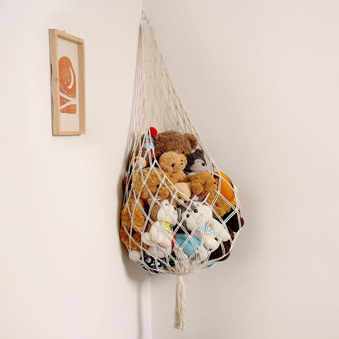 Amdermi Stuffed Animal Storage Organizers Toy Hammock Corner Hanging Net Stuffy Animal Hammock Macrame Toy Display Plush Toy Holder Wall, Kid Bedroom Decor Boho Nursery Playroom Organizer (Cream, XL)
