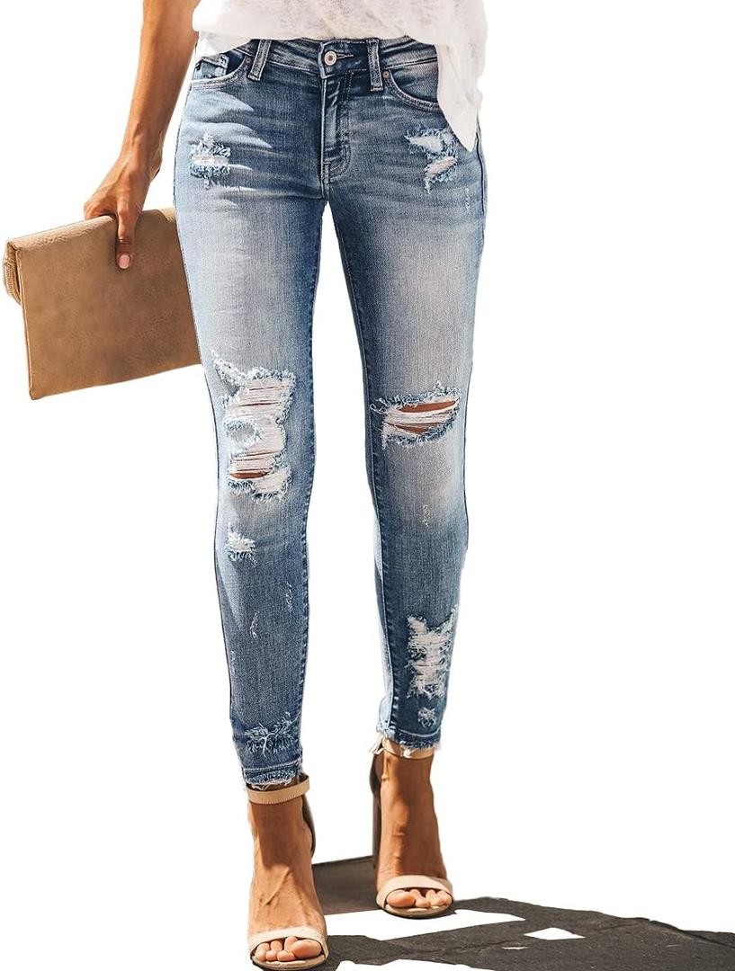 Allimy Women's High Rise Skinny Stretch Ripped Jeans High Waisted Destroyed Denim Pants Size 8 Blue