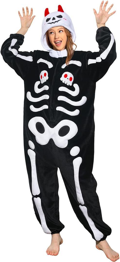 OLAOLA Adult Onesie, Animal Halloween Costume, Unisex Onesies Plush Cosplay Pajamas One-Piece Sleepwear (Small, Skeleton)