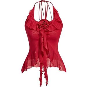GORGLITTER Women's Fringe Flower Halter Tops Ruffle Mesh Asymmetrical Bow Sleeveless Open Back Going Out Concert Tops S