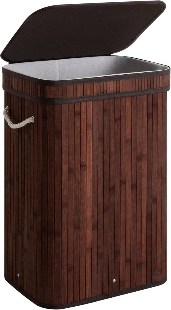 StorageWorks Laundry Hamper with Lid, Foldable Bamboo Laundry Basket, Clothes Hamper with Handles, Organizer and Storage for Laundry Room, Bedroom, Dorm, Brown