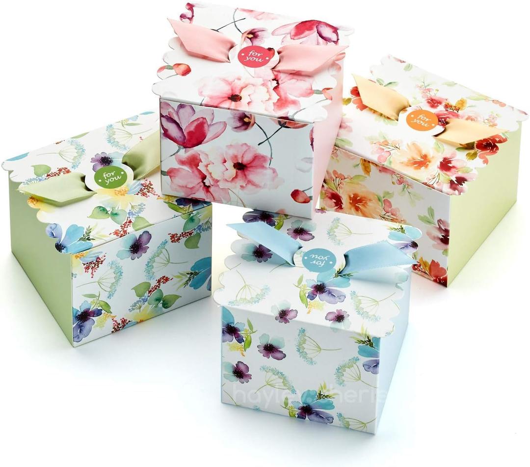 Small Floral Gift Boxes with Ribbons (20 Pack) 4 x 3.2 Cute Flower Decorative Mini Treat Boxes, Printed Spring Wildflower, Pretty Tea Party Favors, Diwali, Candy, Mithai Indian Sweets, Bulk, Empty