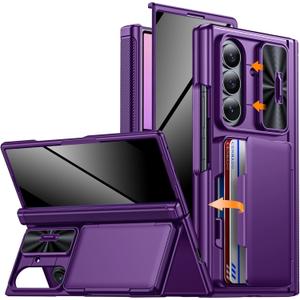 CENMASO for Samsung Galaxy Z Fold 7 Case with Card Holder [RFID Blocking] Camera Cover, Hinge Protection, Hidden Kickstand, Privacy Screen Protector, Wallet Phone Case for Galaxy Z Fold 7-Purple