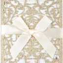 50pcs Gold Glitter Laser Cut Invitation Pocket Blank Wedding Invitations with Envelopes And Rsvp Cards Ribbons for Wedding Quinceanera Bridal Shower Engagement Party Invite