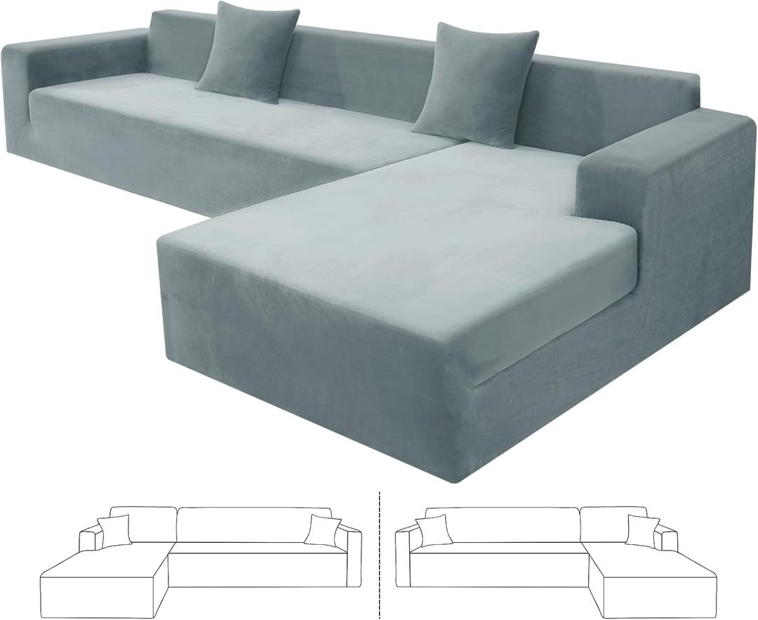 ZNSAYOTX 2026 Soft Velvet Sectional Couch Covers, Luxury Plush Slipcovers with Elastic Bottom for L Shape Sectional Sofa, 2 Pcs Pet Friendly Protector (3 Seat Couch + 3 Seat Chaise, Light Grey)