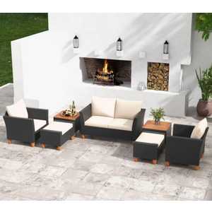 Black 7-Piece Wicker Outdoor Sectional Set with White Cushions