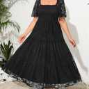 Plus Size Wedding Dress Bride Boho Lace Square Neck Long Maxi Dresses (Black), 16plus