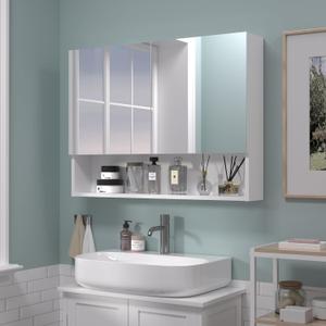24x32 Bathroom Cabinet with Mirror, Wall Cabinet with 2 Mirrored Doors, Adjustable Shelf, Open Compartment, Wall-Mounted, White (Assembly Required), W32 x H24 2 Door