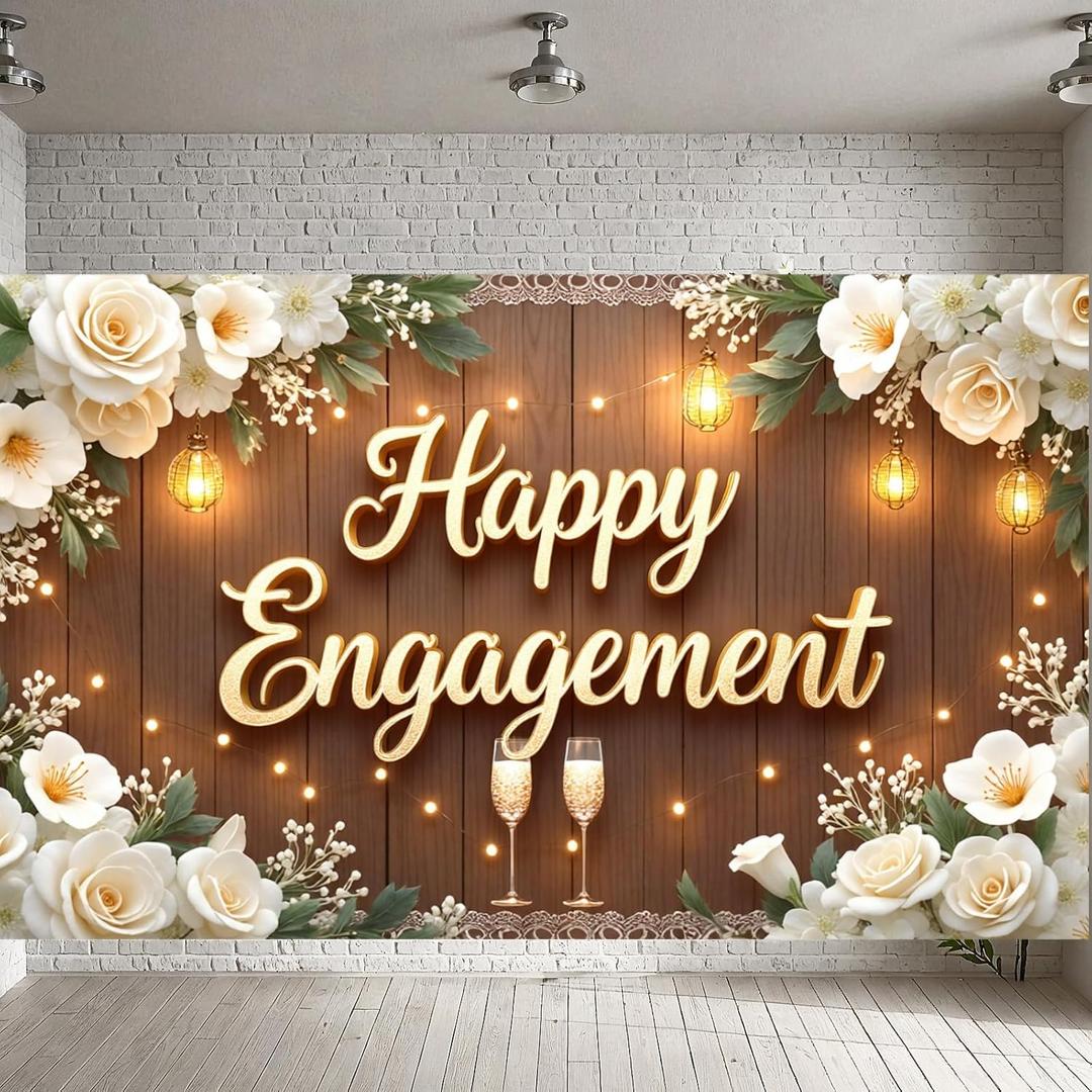 Happy Engagement Banner Engagement Party Decoration Floral Backdrop for Couple Wedding Bridal Shower Bride to Be Party Photography Background Photo Booth Studio Props