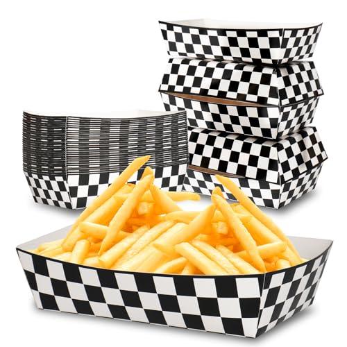 KERINGO No Folding Required 50 Pack 2Lb Race Car Paper Food Trays Checkered Birthday Party Supplies Large Paper Food Trays with Disposable Black and White for Racing Flag Hot Dog Popcorn Nacho Snack