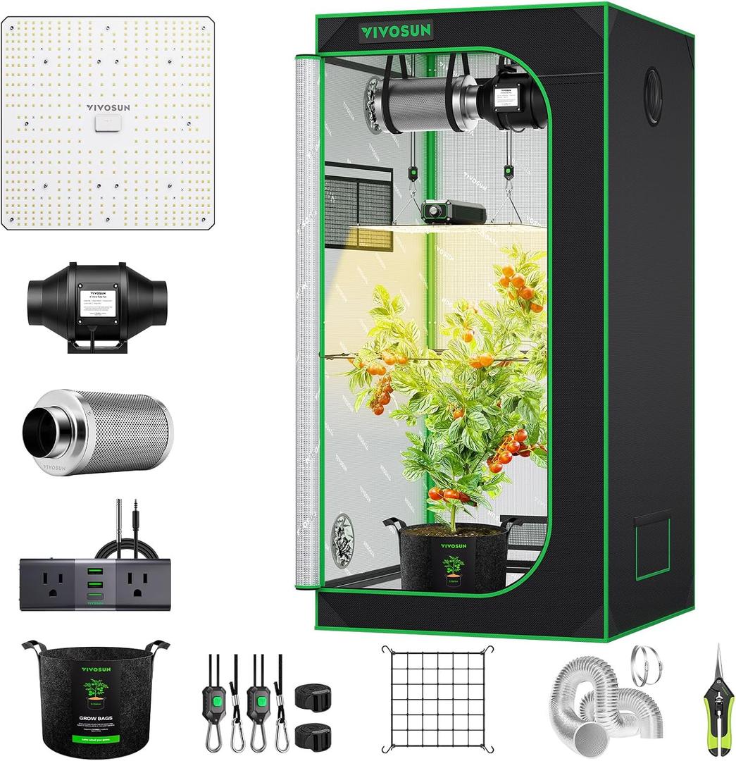 VIVOSUN Grow Tent Kit, 2.7 2.7ft Complete Grow System, WiFi-Controlled Grow System with Full Spectrum LED Grow Light, Automatic Ventilation, GrowHub Outlet A22 with Temperature and Humidity Sensor, Size: 32"x32"x63"