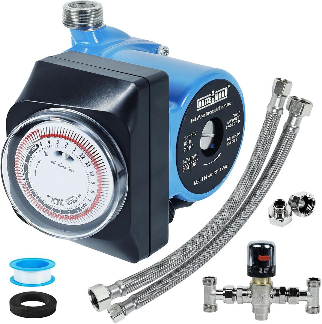 Wassermann Instant Hot Water Recirculating Pump Kit for Tank Water Heater, Instant Hot Water Recirculation Pump System with 304 Stainless Steel Adjustable Bypass Valve