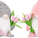 2 Pack 14.5 Inch Spring Tulip Gnomes Plush Decor, Cute Faceless Gnomes with Flower Bouquet, for Mom, for Women, Spring Home Tabletop Shelf Decoration (Pink)