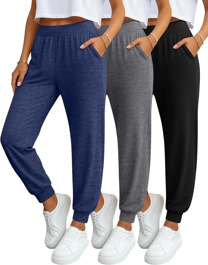 3 Pack Women's Yoga Joggers, Cozy Lounge Pants with Pockets Gym Athletic Loose Sweatpants Comfy Cuffed Pants (S, Black, Dark Gray, Dark Blue)