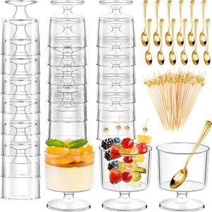 DI QIU REN 220 Pcs Dessert Cups with Gold Spoons and Cocktail Picks for Appetizers, 5oz Mini Reusable Plastic Dessert Parfait Cups Clear Appetizer Pudding Cups, Round Serving Goblet Cup Shot Glasses