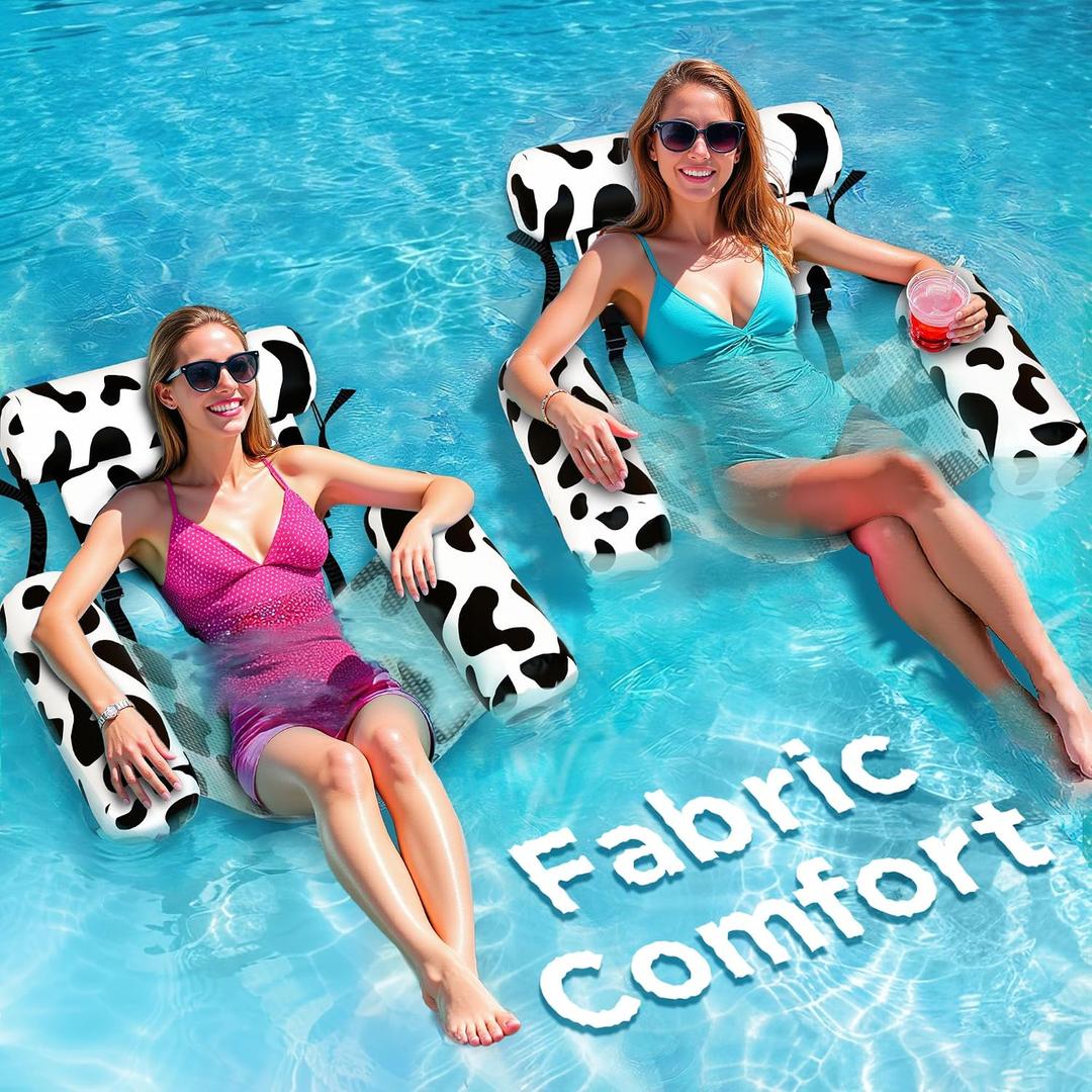 Funscape Pool Floats Chairs Adult, 2 Packs Heavy Duty Inflatable Swimming Pool Lounges, Fabric Floating Hammock Seat, Kid Blow Up Pool Noodle, Lake Raft Floaties, Fun Summer Beach Water Party GameCow