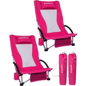KingCamp Low Beach Chair, High Back Folding Camping Chair for Adults, Oversized Breathable Mesh Seat, 300lbs Heavy Duty Portable Chair with Cup Holder & Storage Pockets for Beach, Outdoor