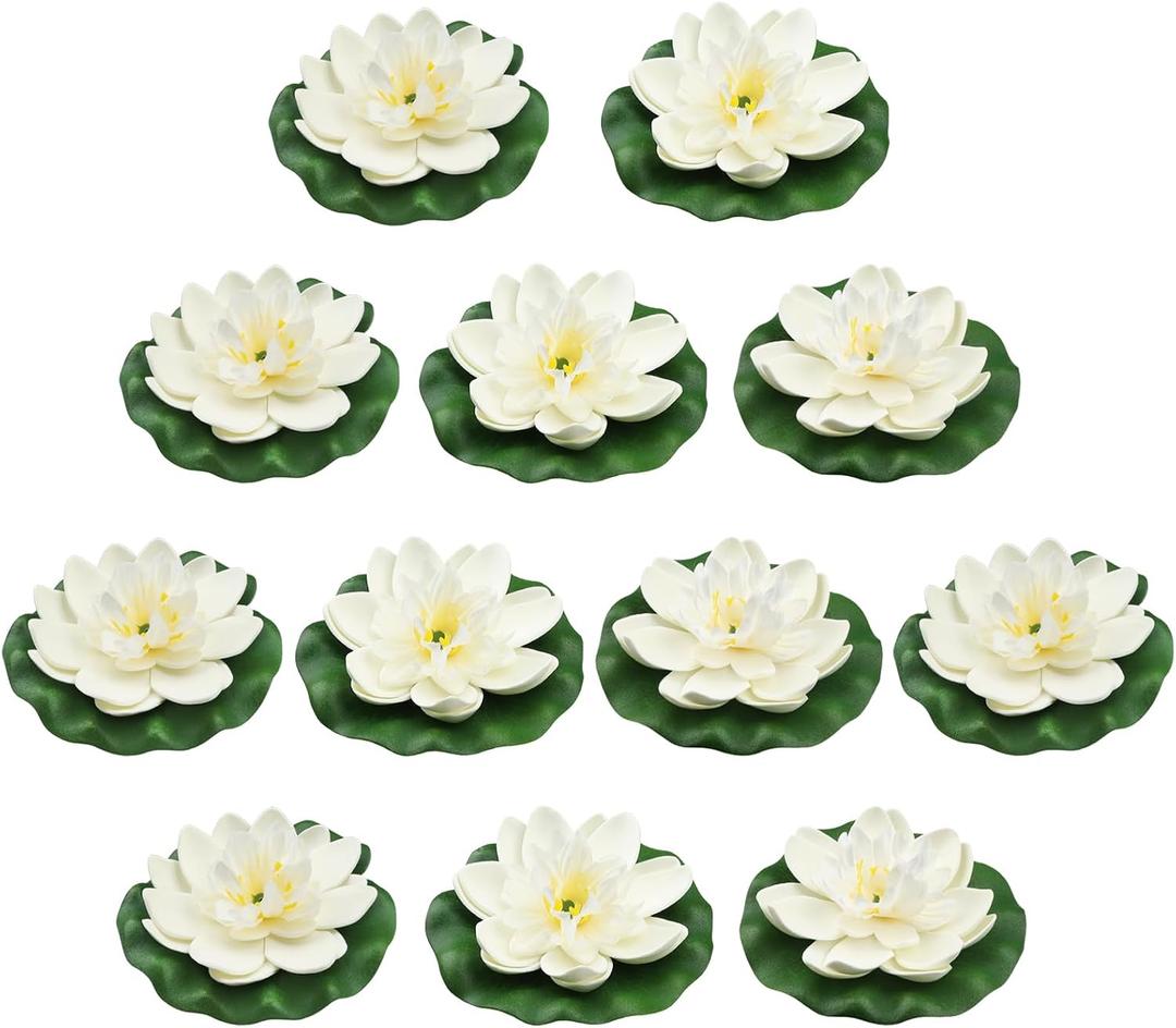 2 x 12pcs Floating Foam Lotus Flowers with Lily Pads, Artificial Pond Plants Ornaments for Pool Aquarium Water Decoration, White