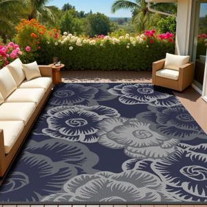 MontVoo Outdoor Rug-Waterproof Patio Rug Mat 5x8 Outdoor Carpet Mat Reversible Plastic Straw Outside Outdoor Rug for RV Camping Picnic Beach Balcony Backyard Pool Deck Farmhouse Floral Navy Blue