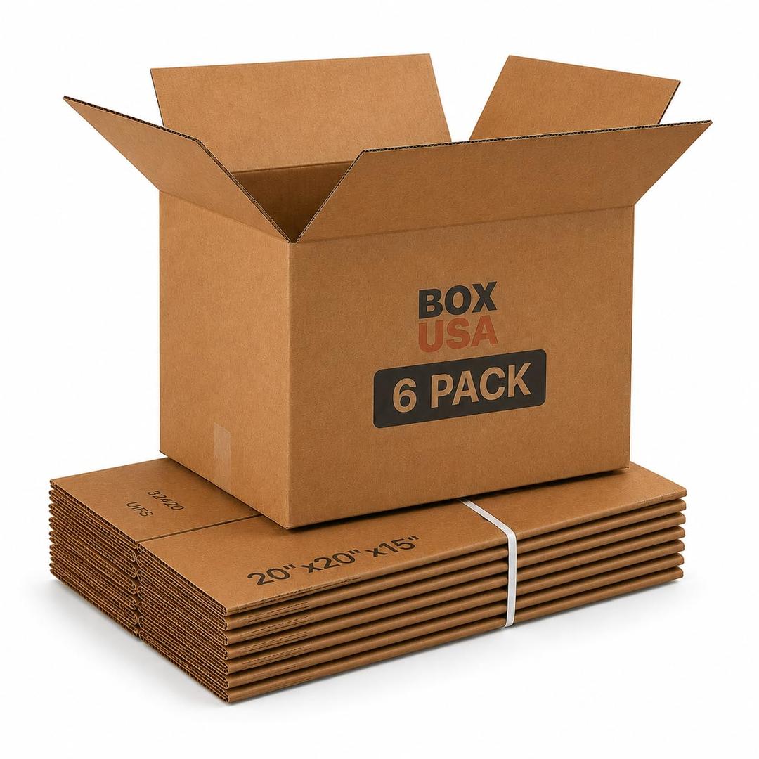 BOX USA Moving Boxes Holds 65lbs, 20"L x 20"W x 15"H (6-Pack) Large - Corrugated Cardboard Box for Shipping, Mailing, Packing, Packaging and Storage