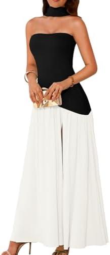 ChiaoLezhee Women's Maxi Tube Dress with Scarf Drop Waist Slit Formal Cocktail Party Wedding Guest Prom Gown, Flowy Elegant A Line Strapless Asymmetrical Summer Going Out, Black and White, Small