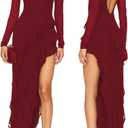 Capuffy Womens Long Sleeves Backless Maxi Dress Mesh Tassel Ruffle Side Split Bodycon Dress Siobhan Evening Party Dress 350 (Small, Wine Red)