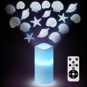 3 x Coastal Ocean Flameless Candle Projector Light Decor Summer Seashell LED Candle Battery Operated Night Light with Remote Timer for Wedding Seaside Beach Coastal Bachelorette Birthday Room Decoration