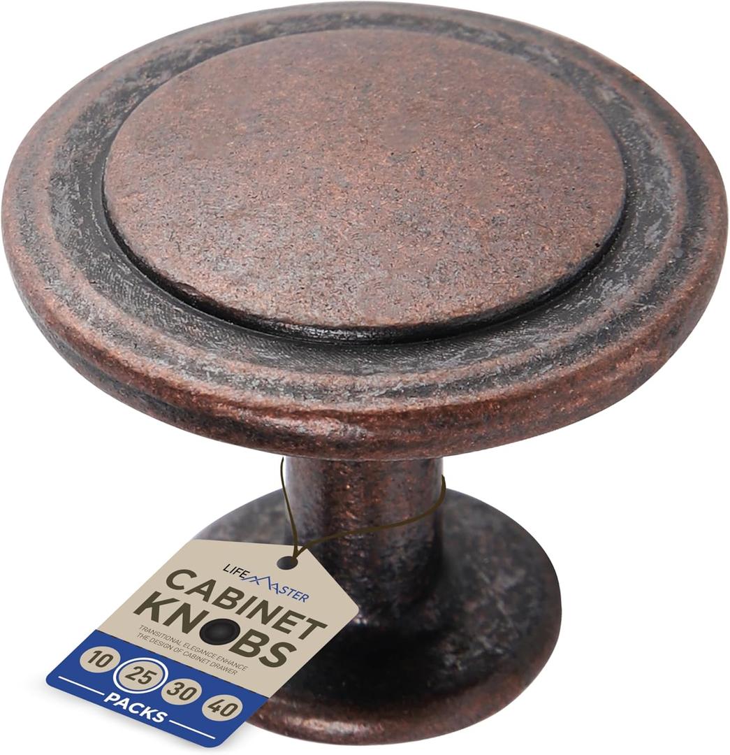 25pcs 1-1/4 inch Oil Rubbed Bronze Cabinet Knobs - Rust-Proof Finish, Modern Design, Strong Zinc Alloy Construction, Complete with Short and Adjustable Screws for Drawer Dresser Handles