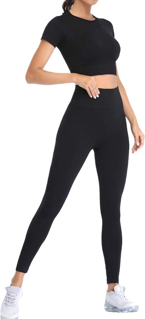 2 Piece Short Sleeve Outfits for Women Seamless Crop Tops Set for Women Workout Set (Large, Black)