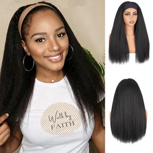Kinky Straight Headband Wigs for Black Women, Yaki Straight Half Wigs Soft Natural Wigs Glueless & No Lace Front Synthetic Wigs with Black Headband for Daily Party