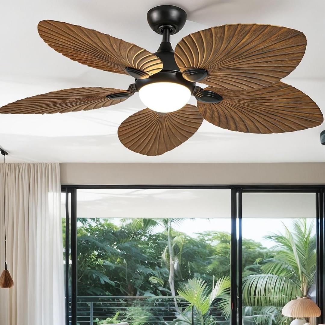 DWVO 52" Tropical Ceiling Fan with Light & Remote, LED Tri-Color Temperature, 5 Blade Ceiling Fans Reversible 6 Speeds w/Quiet DC Motor for Bedroom, Living Room, Dining Room