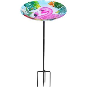 Bird Baths for Outdoors, Glass Birdbaths Outdoor Garden Birdfeeder with Metal Stake for Lawn Yard Decor, 24 Inch Height, Flamingo (Pink)